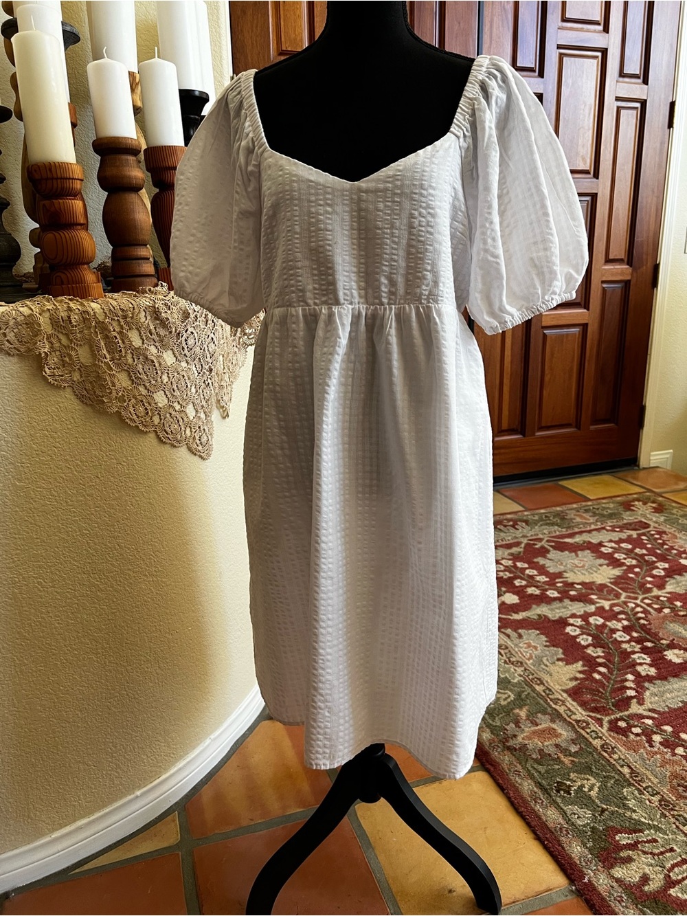 Old Navy Womens Seersucker Puff Sleeve White Mini Dress Size M Cottagecore